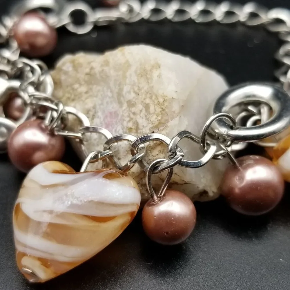 Open heart peach blast glass heart charm bracelet. B318